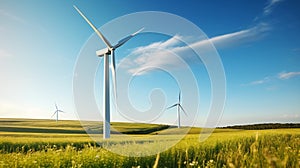 Wind turbines power plant on green grassland, wind farm alternative energy, sustainability concept. generative ai