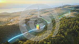 Wind turbines powering a electric car on a road highland road