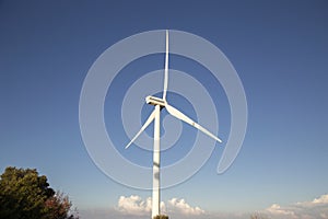 Wind turbines for the production of electricity against the blue sky