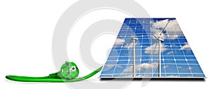 Wind turbines reflection in solar panel with green electric plug.