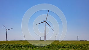 Wind turbines, renewable energy on a green field, spring day. Wind farm, West Texas, USA