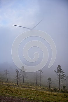 Wind turbines renewable energy on the middle of clouds in Serra da Lousa, Portugal