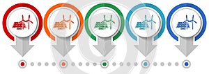 Wind turbines, renewables vector icon set, flat design infographic template, set pointer concept icons in 5 color options for photo