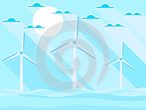 Wind turbines in the sea. Landscape in a flat style with a long shadow. Renewable energy. Vector