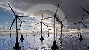 Wind turbines at sea, seascape, alternative energy sources. camera movement