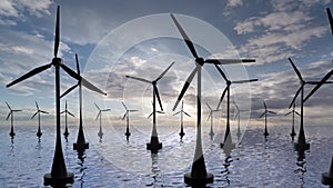 Wind turbines at sea, seascape, alternative energy sources. camera movement