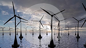 Wind turbines at sea, seascape, alternative energy sources. camera movement