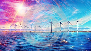 Wind turbines in the sea at sunset. Renewable energy concept., generative ai