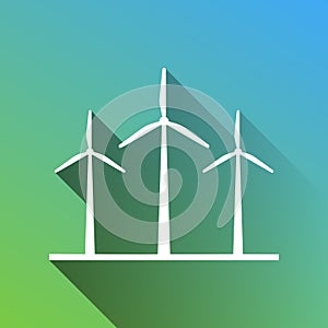 Wind turbines sign. White Icon with gray dropped limitless shadow on green to blue background. Illustration.