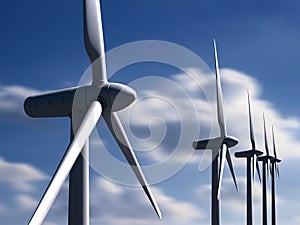 Wind turbines with sky and clouds on background