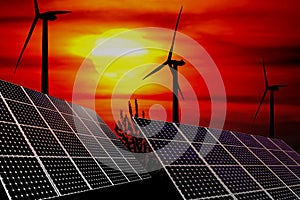 Wind turbines and solar panels photo