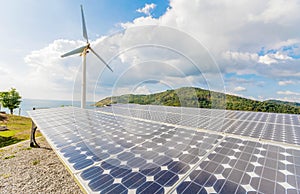 Wind turbines and solar panels. Green energy in Phuket, Thailand