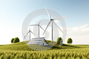 Wind turbines and solar panels in a green field Ai generative