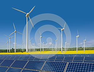 Wind turbines and solar panels in a rapeseed field