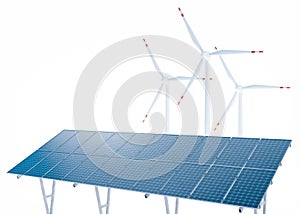 Wind turbines and solar panels on white background with copy space. Generating electricity. Global ecology. Clean energy