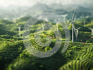 Wind turbines stand on a green hill in a beautiful natural landscape