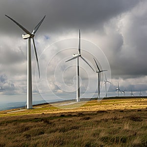 Wind turbines stand in an open field with tall grass under a cloudy sky. The turbines are photo