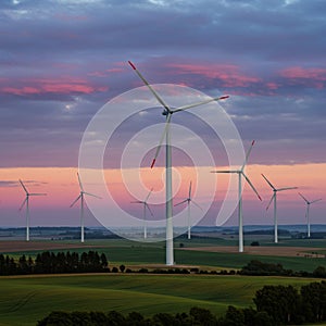 Wind turbines stand tall in a grassy, open landscape during sunset. The turbines photo