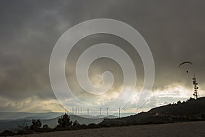 Wind turbines and storm in Anoia, Barcelona, Spain