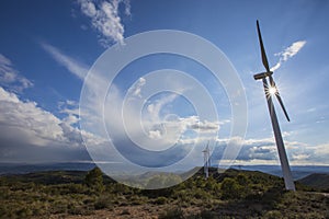 Wind turbines and storm in Anoia, Barcelona, Spain