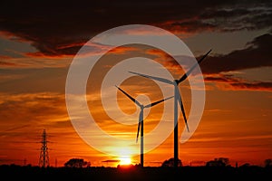 Wind turbines at sun set.