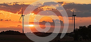 Wind turbines during sunset under partly cloudy skies