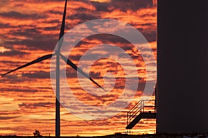 Wind turbines at sunset, wind energy