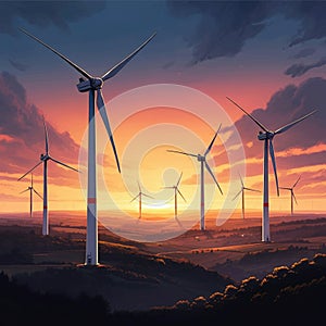 Wind turbines with tall white towers and three-bladed rotors stand on rolling hills photo