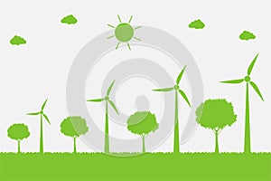 Wind turbines with trees and sun Clean energy with eco-friendly concept ideas.vector illustration photo