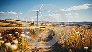 Wind turbines turning in a row, powering green industry efficiently generated by AI