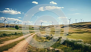 Wind turbines turning in a row, powering green industry growth generated by AI