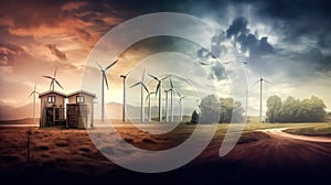 Wind turbines on a vast farmland under a cloudy sky.