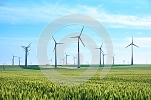 Wind turbines and vivid colors of green wheat field in the Spring on a blue sky, late afternoon. Concept for green energy.