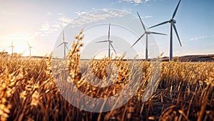 Wind turbines in a wheat field at sunset, renewable energy concept., generative ai