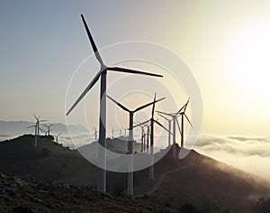 Wind turbines and wind farm at sunset in Navarra