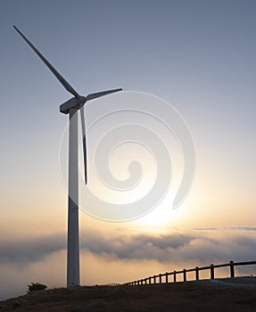 Wind turbines at the wind farm at sunset and sun above the clouds