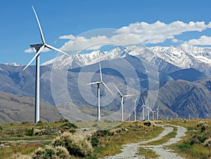 Wind turbines, Wind farm or wind park with turbines located on the mountains