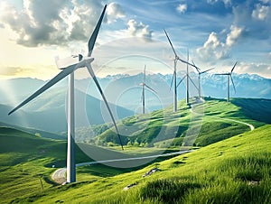 Wind turbines, Wind farm or wind park with turbines located on the mountains