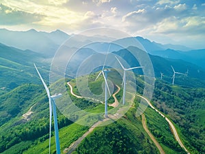 Wind turbines, Wind farm or wind park with turbines located on the mountains