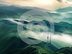 Wind turbines, Wind farm or wind park with turbines located on the mountains