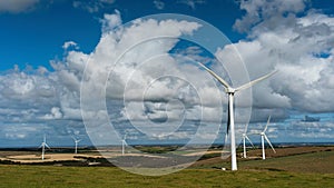 Wind turbines on wind farms, Cornwall fields, England, Europe