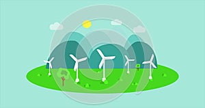 Wind turbines or Wind generators in action, cartoon animation video. Modern windmills. Wind energy.