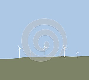 Wind turbines or windmill farm for renewable electric energy on grassy field against blue sky.