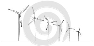 Wind turbines and windmill in one continuous line drawing. Green energy and renewable source of power concept in simple