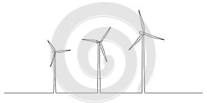 Wind turbines and windmill in one continuous line drawing. Green energy and renewable source of power concept in simple