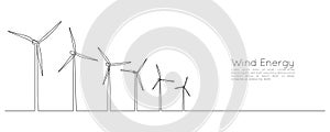 Wind turbines and windmill in one continuous line drawing. Green energy and renewable source of power concept in simple