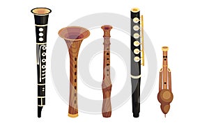 Wind Wooden Musical Instruments Isolated on White Background Vector Set