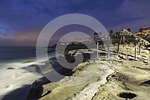 Windansea Beach and Palm Covered Shack in La Jolla San Diego at Night