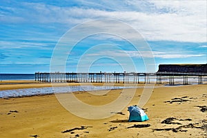 Windbreak on the beach, at Saltburn by the Sea, North Yorkshire, England