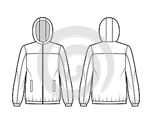 Windbreaker jacket technical fashion illustration with hood, oversized, long sleeves, welt pockets, zip-up opening photo